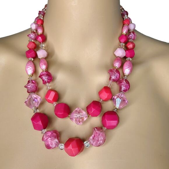 1950s Pink Translucent Plastic Double Layered Gold Tone Statement Necklace - Picture 1 of 6